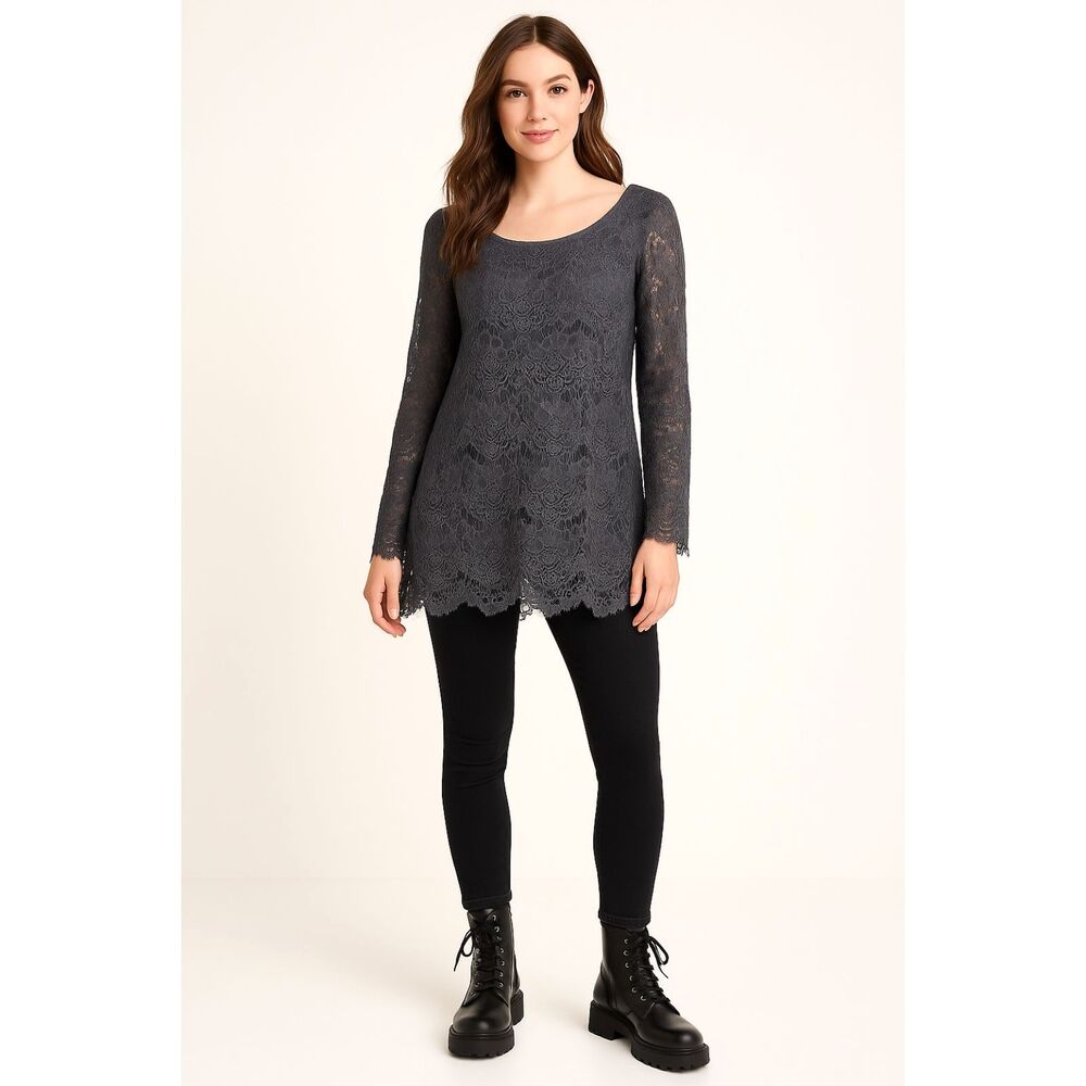 Gray Lace Long Sleeve Top Women’s Large Sheer Floral Stretch Blouse Tunic